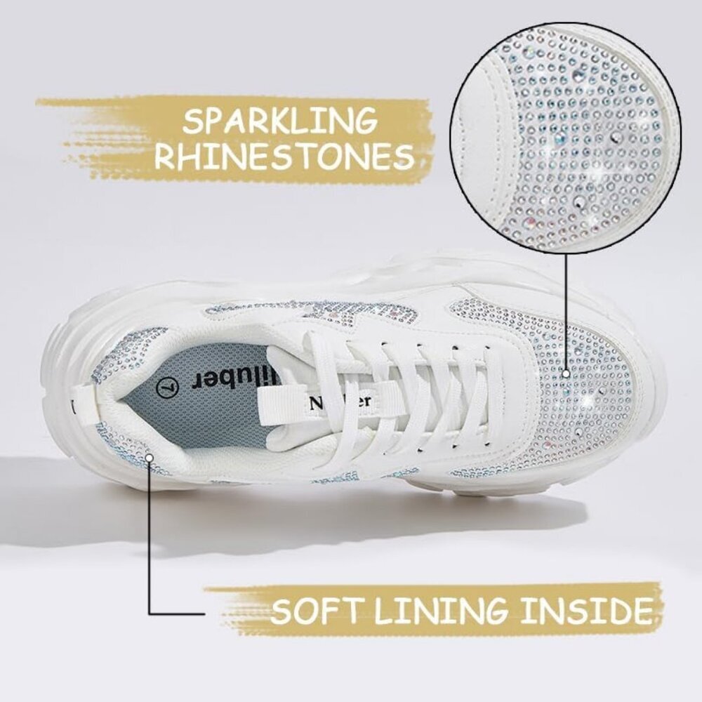 Women White Rhinestone Casual Tennis Lace Up Chunky Sneakers Shoes - Picture 3 of 7